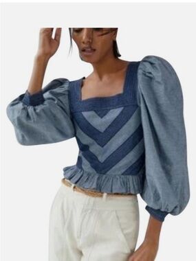 Anthropologie Love The Label Smocked Puff-Sleeve Cropped Blouse
Blue XS. NWOT